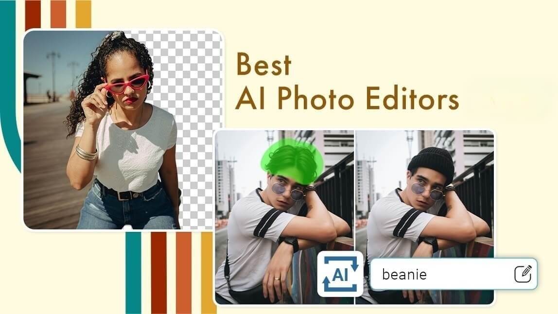 Demonstração de um editor de fotos com IA removendo o fundo de uma imagem e adicionando um gorro a outra, com o texto "Melhores Editores de Fotos com IA".