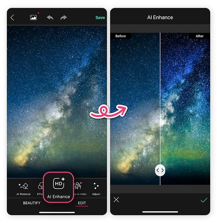 Take your star photography to the next level with AI Enhance in YouCam Perfect app.