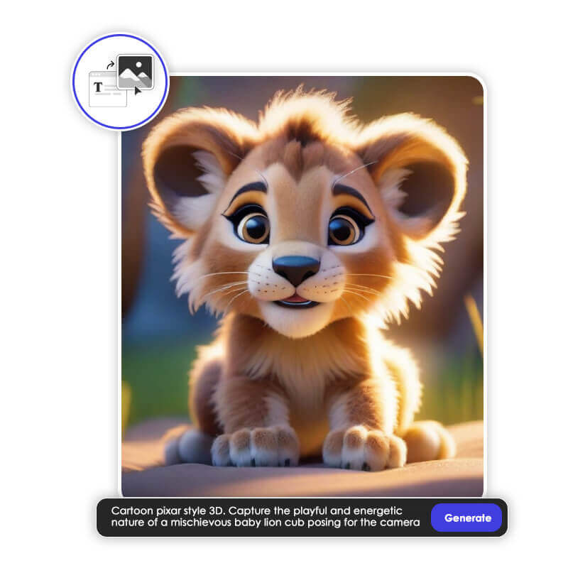 Cute 3D Pixar-style baby lion cub with wide expressive eyes, sitting playfully and posing for the camera in warm lighting.