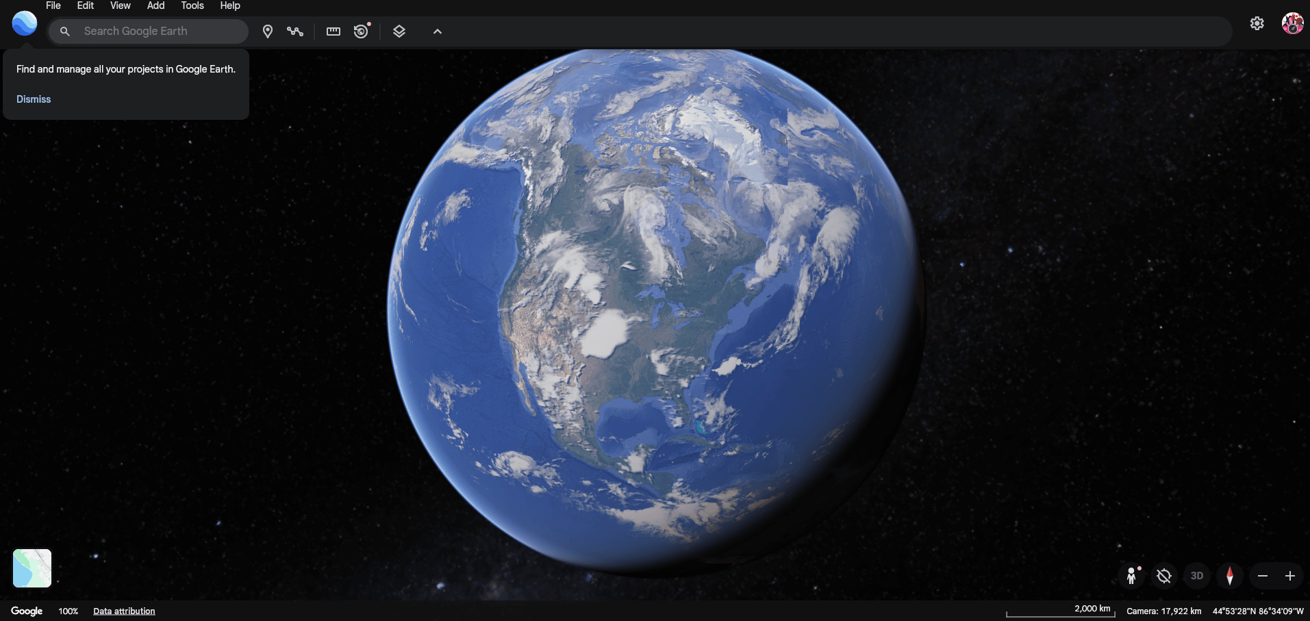 A interface do usuário do Google Earth.