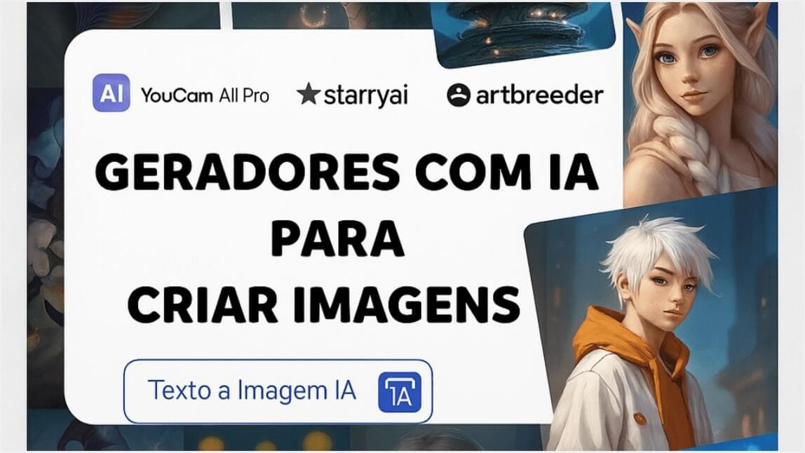 Melhores geradores de imagens com IA para criar arte a partir de texto. Exemplos de imagens IA e logos YouCam AI Pro, Starryai, Artbreeder.