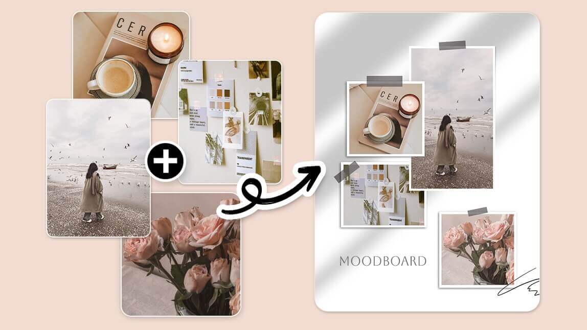 Moodboard estético em um aplicativo, combinando imagens de café, praia e flores para montar um painel de inspiração digital.