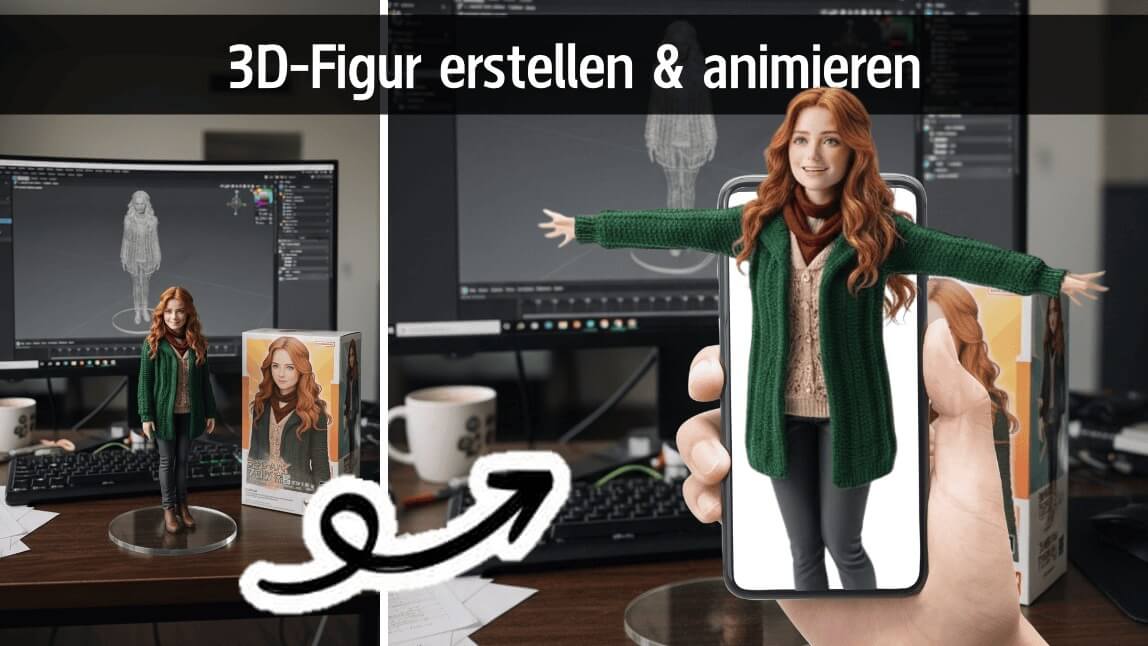 Vorher-Nachher-Ansicht: Frau als 3D-Figur auf einem Schreibtisch mit Verpackung und Monitor im Hintergrund