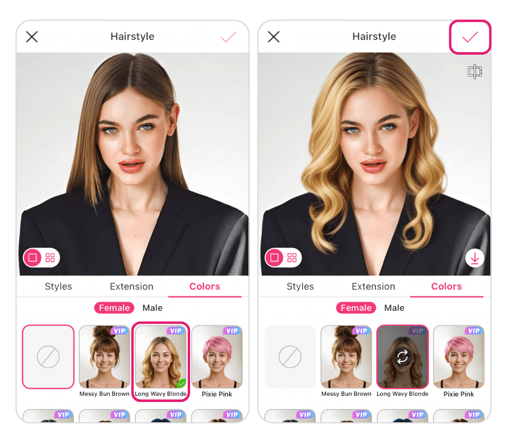Die YouCam Makeup App auf einem Smartphone zeigt, wie eine Frau ihre Haarfarbe von brünett zu blond ändert, mit einer Auswahl an Frisuren in der App-Oberfläche.