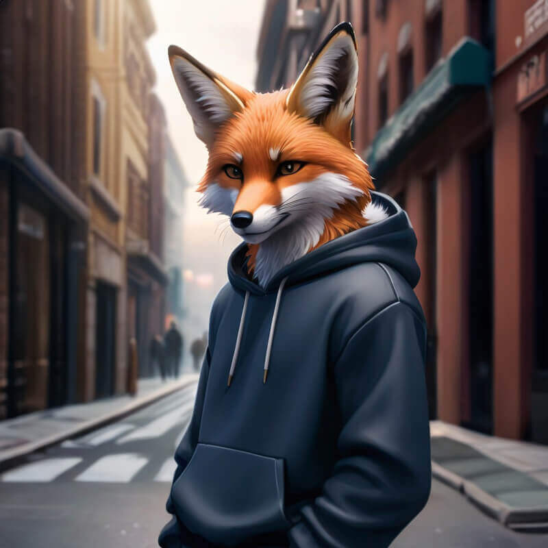 Anthropomorphic male fox with a sleek orange coat, wearing a casual hoodie, standing in a bustling urban street at dusk.