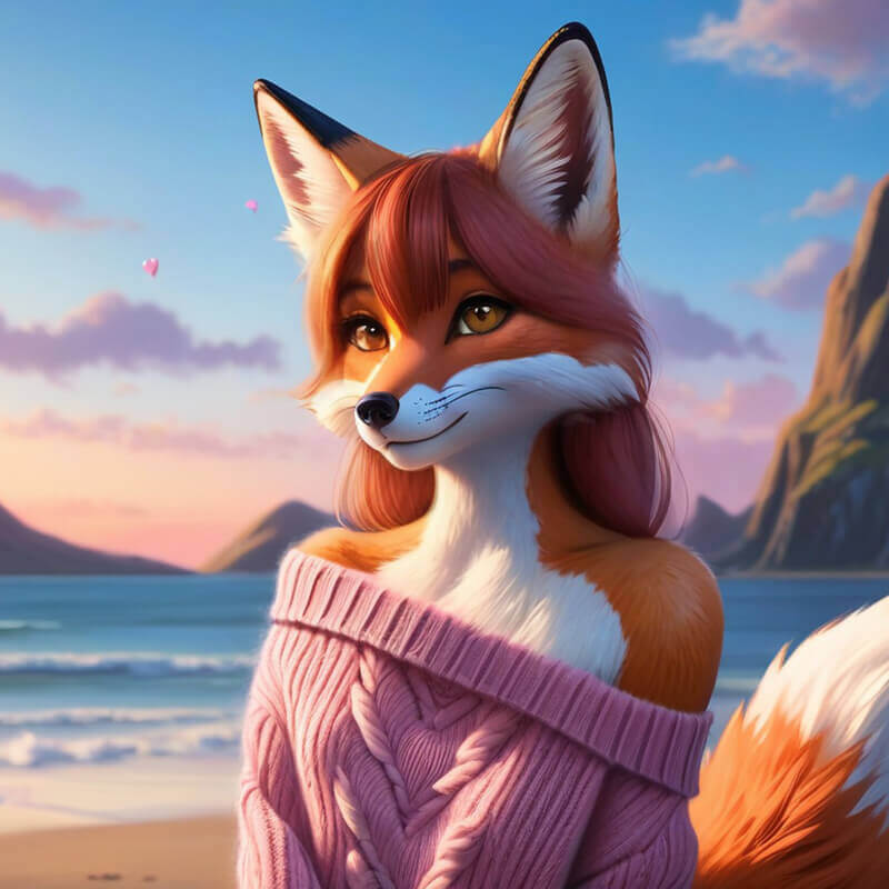 Stylized 3D illustration of a female anthropomorphic fox with soft pink fur, wearing a cozy knitted sweater, gazing at the serene sunset by the ocean.