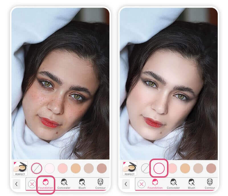 Teste virtual de tons de base no app YouCam Makeup para achar a cor ideal para sua colorimetria pessoal.