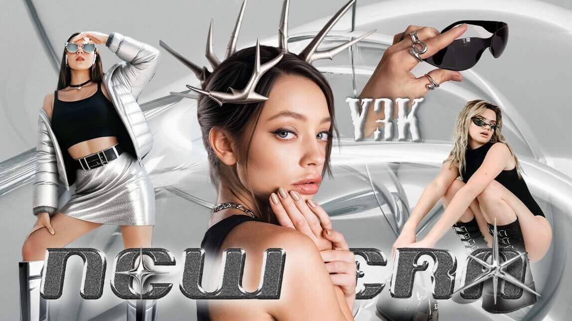Montagem de fotos no estilo Y3K com mulheres usando looks futuristas, incluindo roupas metalizadas prateadas, com as palavras "Y3K NEW ERA" em destaque.