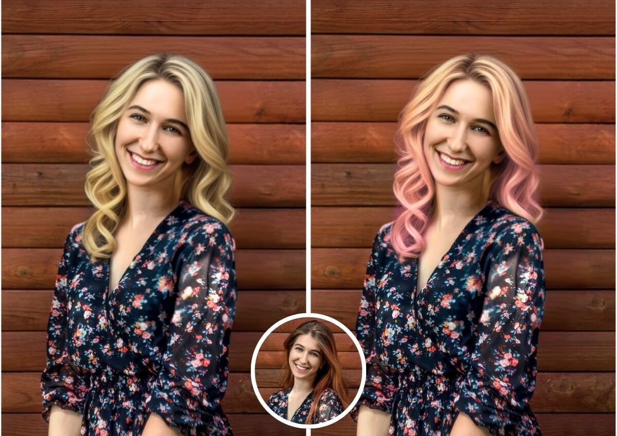 Eine Frau testet online Haarfarben: Links mit blonden Haaren, rechts das Ergebnis mit rosa Haaren, erstellt mit dem "Hair Color Changer" von YouCam.