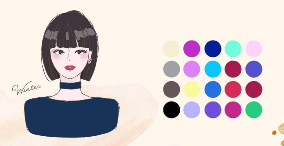 Cartela de cores pessoal da estação Inverno, com tons frios e intensos como azul-royal e preto.
