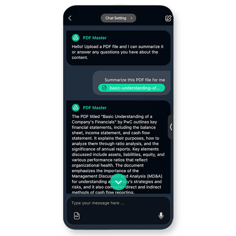 Função de resumir PDF do YouCam AI Chat