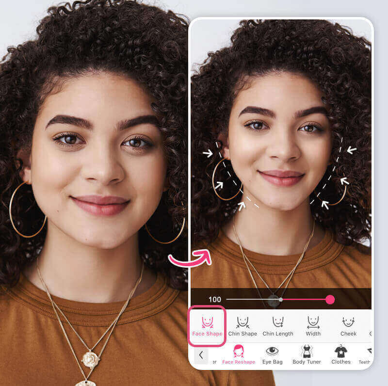 Eine Frau macht ihr Gesicht schmaler mit den Retusche-Tools von YouCam Makeup
