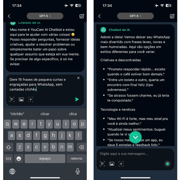 Montagem de tela de celular mostrando um usuário pedindo a um chatbot de IA para gerar 'frases de paquera curtas e engraçadas para WhatsApp'. A IA responde com cantadas criativas e nerds, como 'Meu Wi-Fi é forte, mas meu sinal pra você é ainda melhor', demonstrando o uso de inteligência artificial para criar mensagens de flerte.