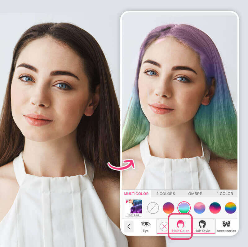 Eine Frau testet virtuell pinke Haarfarbe mit der YouCam Makeup App