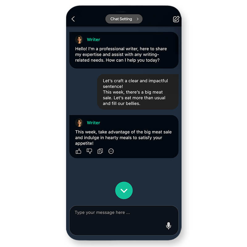 Função de assistente de escrita do YouCam AI Chat