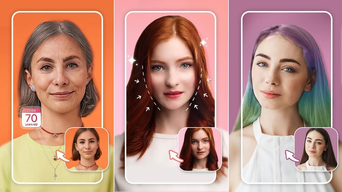 Collage der FaceApp-Alternative YouCam Makeup, die drei Funktionen zeigt: eine Frau, mit Alterungs-Filter, eine weitere, deren Gesicht bearbeitet wird, und eine dritte mit bunten Haaren.