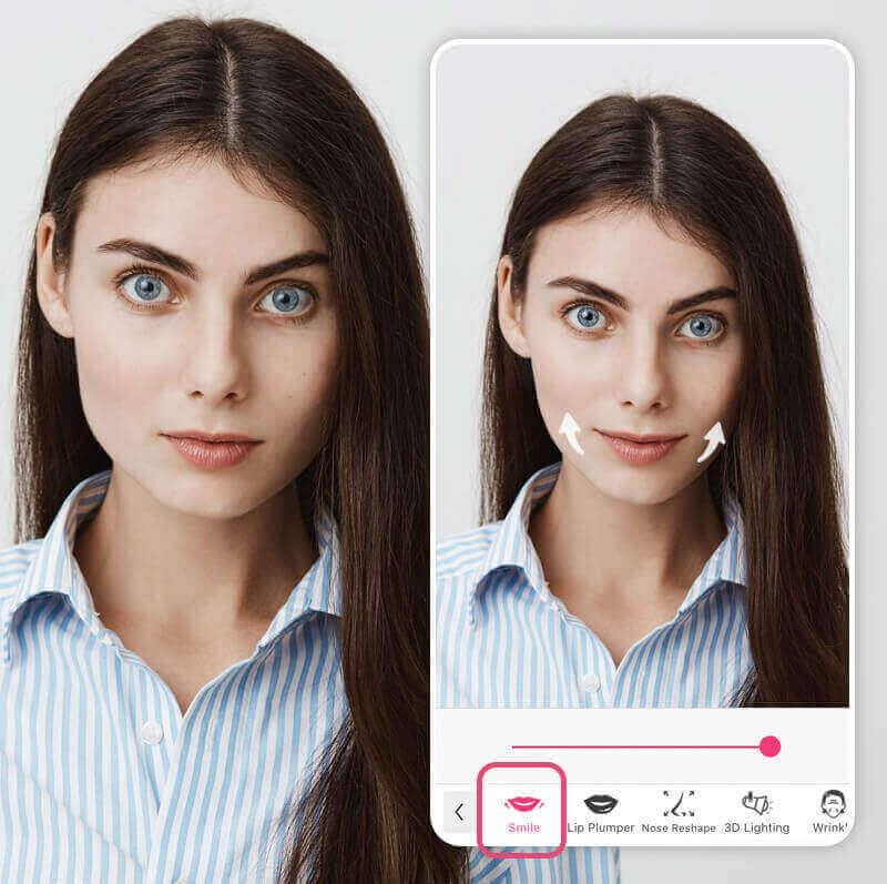 Eine Frau bearbeitet ihr Lächeln auf einem Selfie mit der YouCam Makeup App