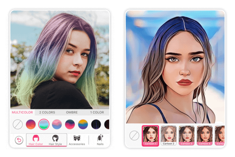 Vorher-Nachher-Bild eines Selfies, bearbeitet mit der YouCam Makeup App