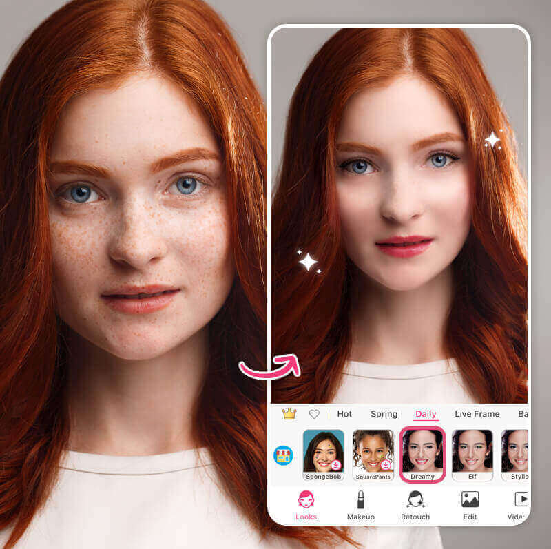 Eine Frau probiert einen glamourösen Makeup-Filter in der YouCam Makeup App