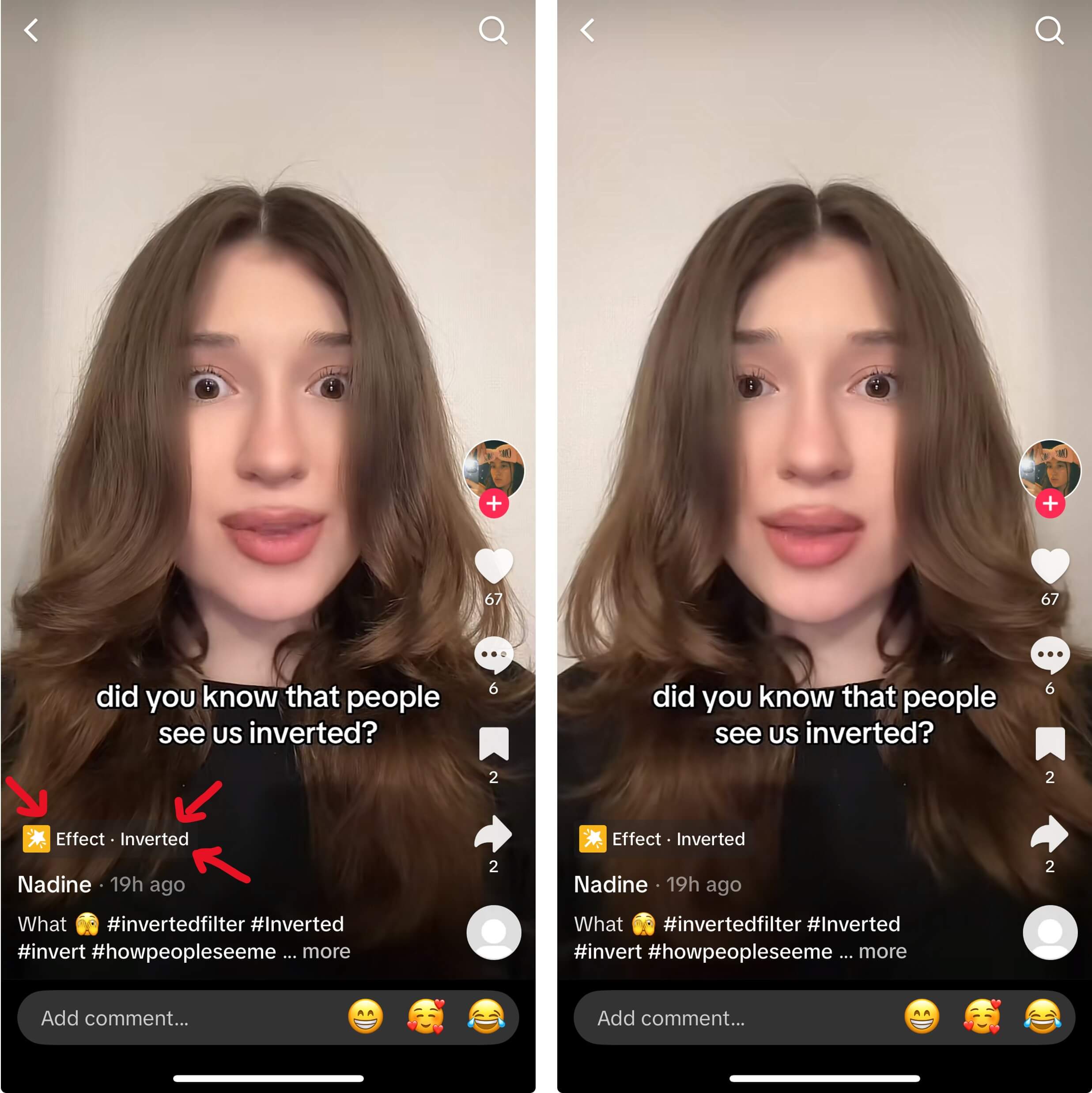 Demonstração do filtro de câmera invertida na interface do TikTok