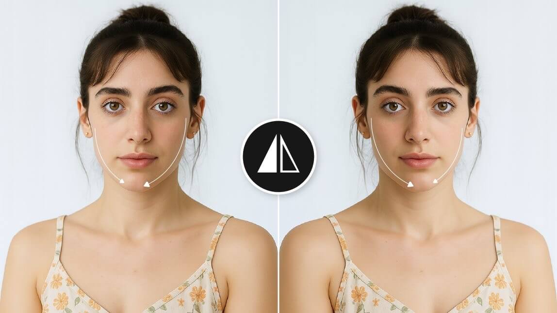 Antes e depois de uma mulher usando o filtro de simetria facial para criar um rosto perfeitamente simétrico, com destaque para o aprimoramento do maxilar e do queixo.