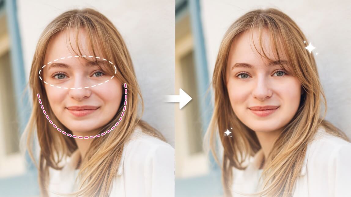 Antes e depois de uma mulher usando um aplicativo para corrigir a assimetria facial, ajustando o formato do rosto e dos olhos para um resultado mais simétrico.