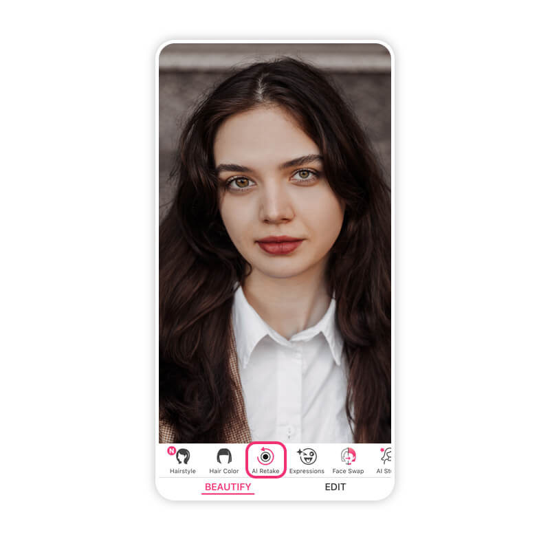 AI retake para corrigir assimetria facial em fotos