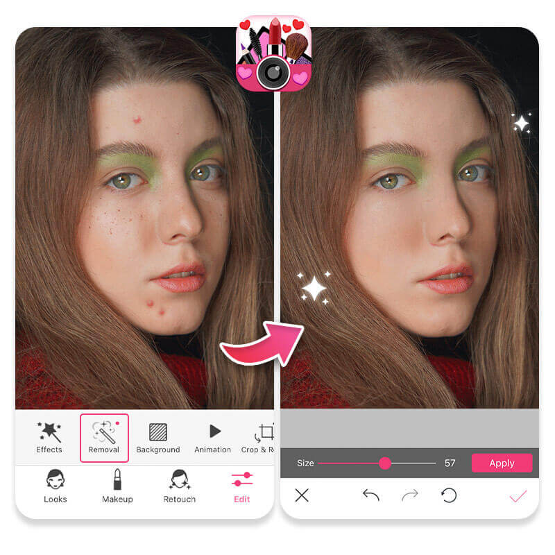 Interface do YouCam Makeup, um aplicativo para limpar fotos.