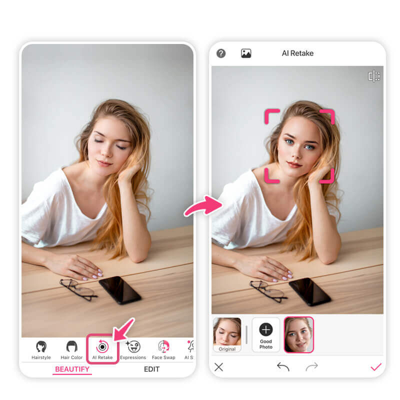 Exemplo da função Retoque IA do YouCam Makeup, mostrando o antes e depois de uma foto.