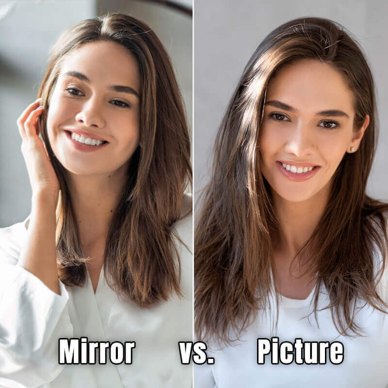 Mulher comparando sua imagem no espelho com uma foto e se perguntando por que não sai bem nas fotos.