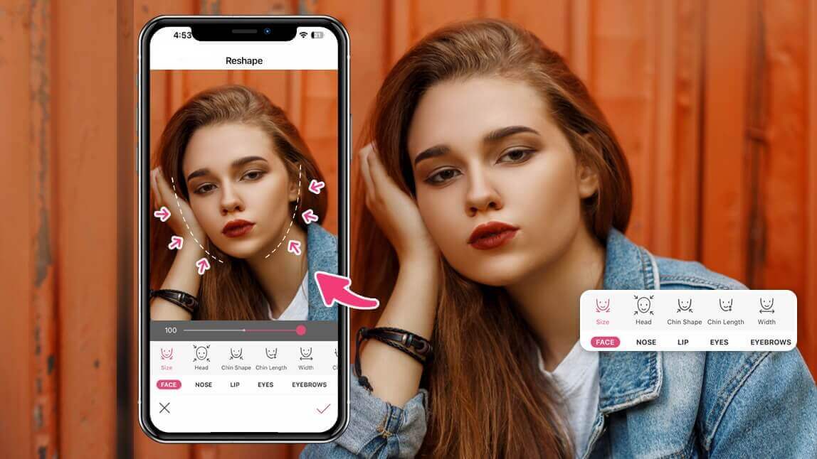 Mulher usando um aplicativo de edição de fotos no celular para afinar o rosto e diminuir a testa, mostrando o antes e depois.