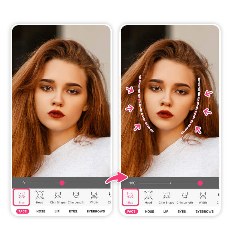 Filtro para afinar o rosto no aplicativo YouCam Makeup.