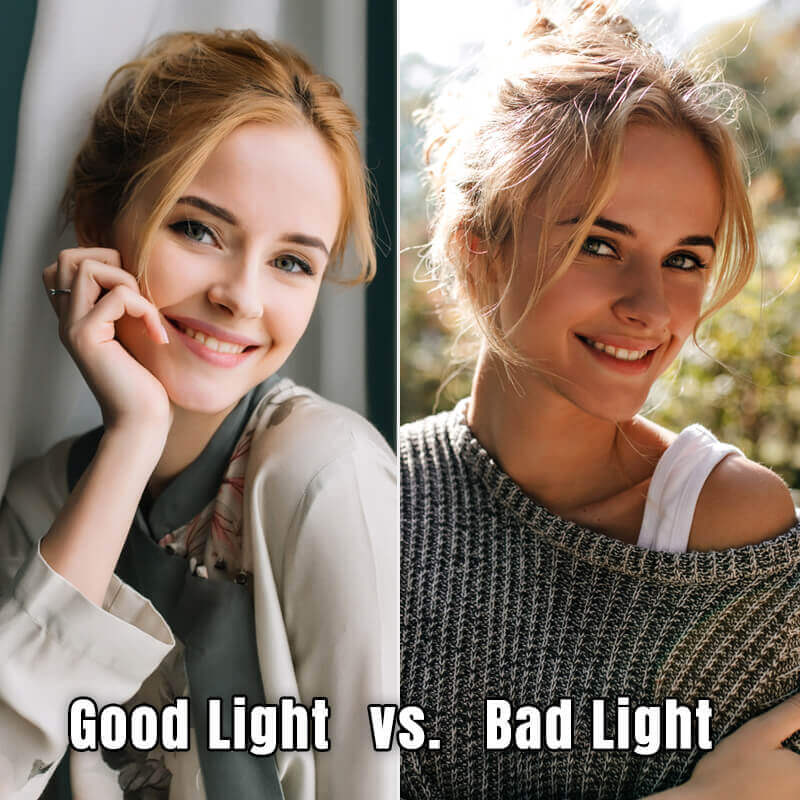 Mulher usando a luz natural de uma janela para conseguir a iluminação ideal para sua selfie.