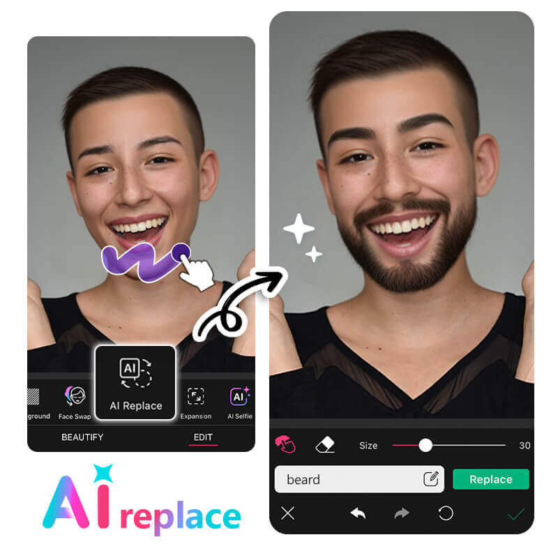 Use Male Version Filter to add a beard to your male transformation