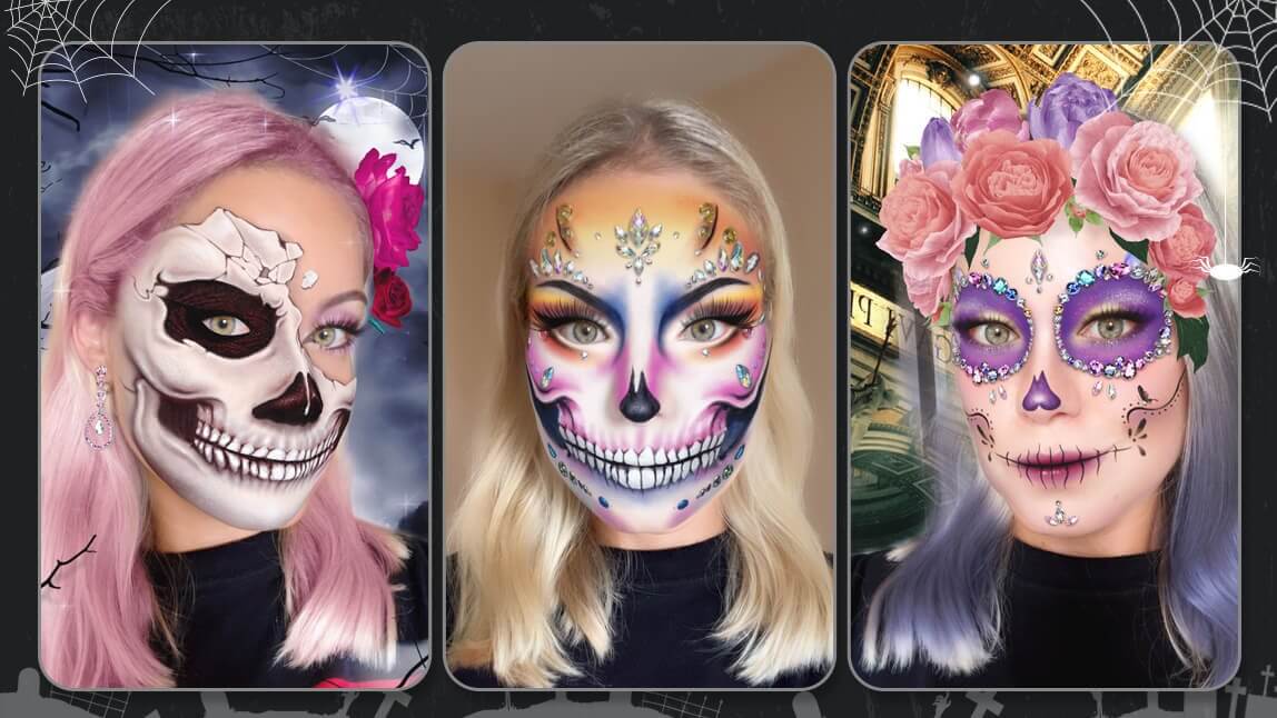 Verschiedene Skelett Makeup Looks für Halloween: Eine Collage mit einem klassischen Totenkopf, einem Glam-Schädel und einem bunten Zuckerschädel mit Blumen.