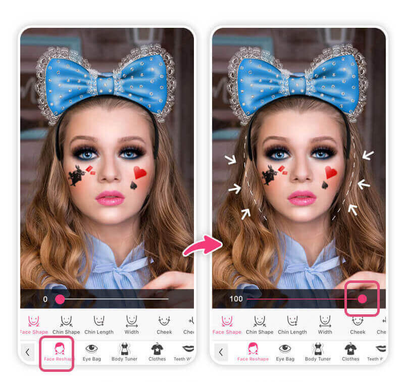 Eine Frau bearbeitet ihre Gesichtszüge mit dem Face-Shaper von YouCam Makeup für einen überzeugenden Skelett-Look.