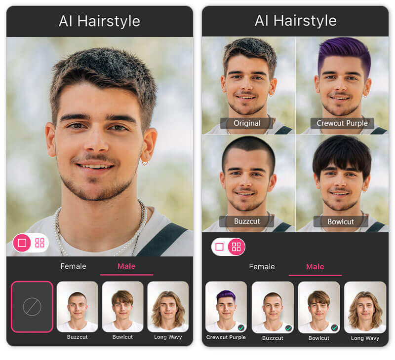 Homem usando o aplicativo para testar diferentes filtros de penteado masculinos com IA.