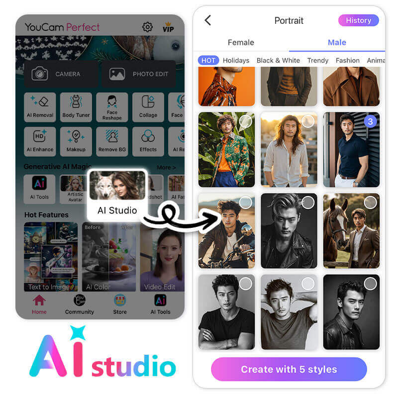 Use YouCam Perfect's AI Studio feature to see yourself as a man