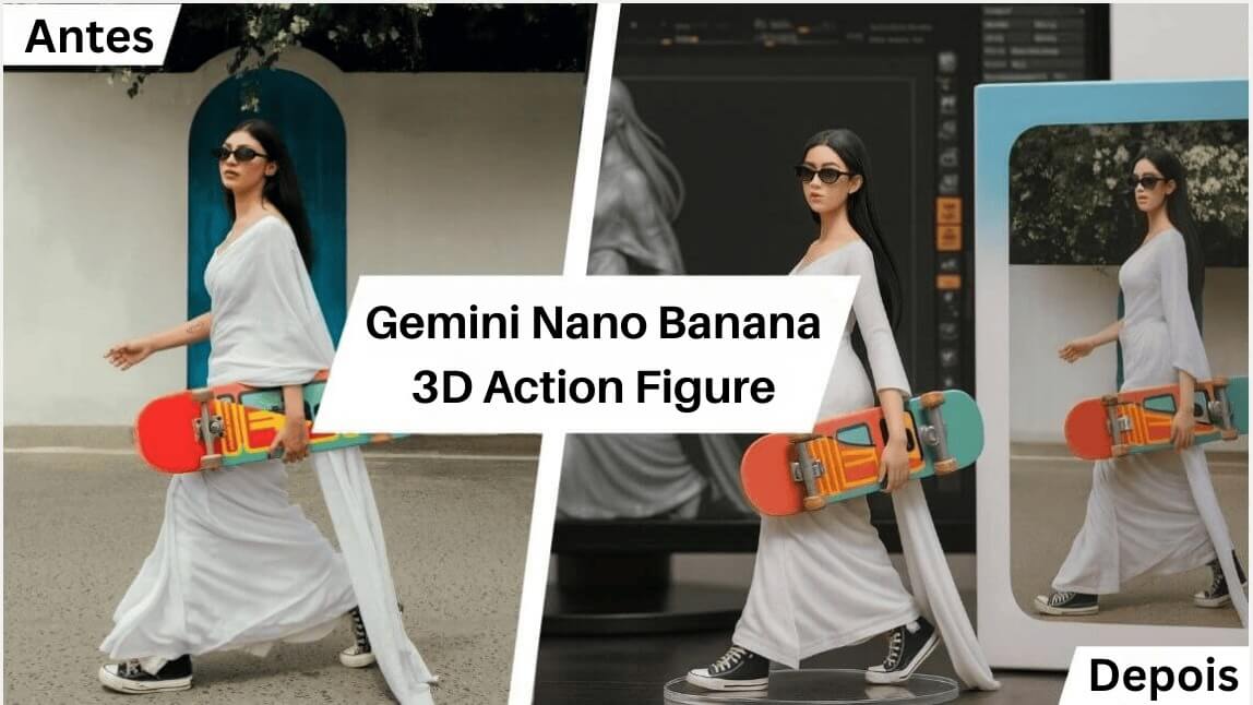 Uma mulher segurando um skate é transformada em um boneco 3D (action figure) com a tecnologia de IA Gemini Nano Banana.