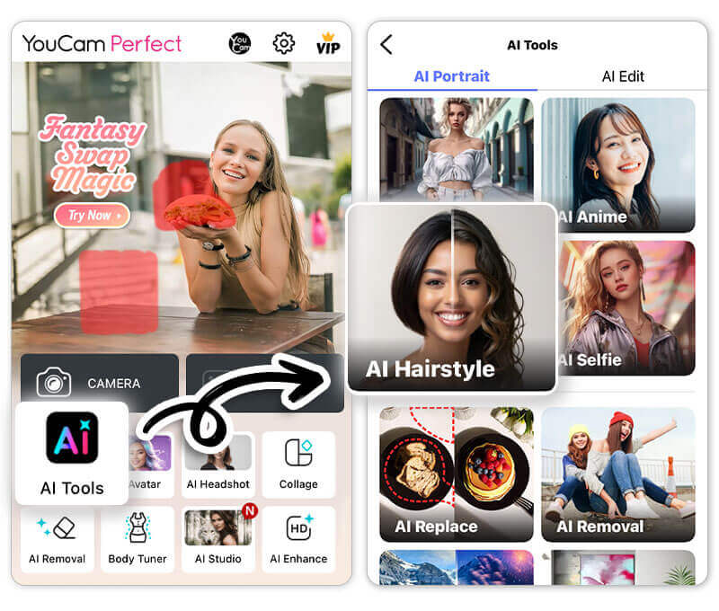 Interface do aplicativo YouCam Perfect mostrando como carregar uma foto para testar cortes de cabelo masculinos.
