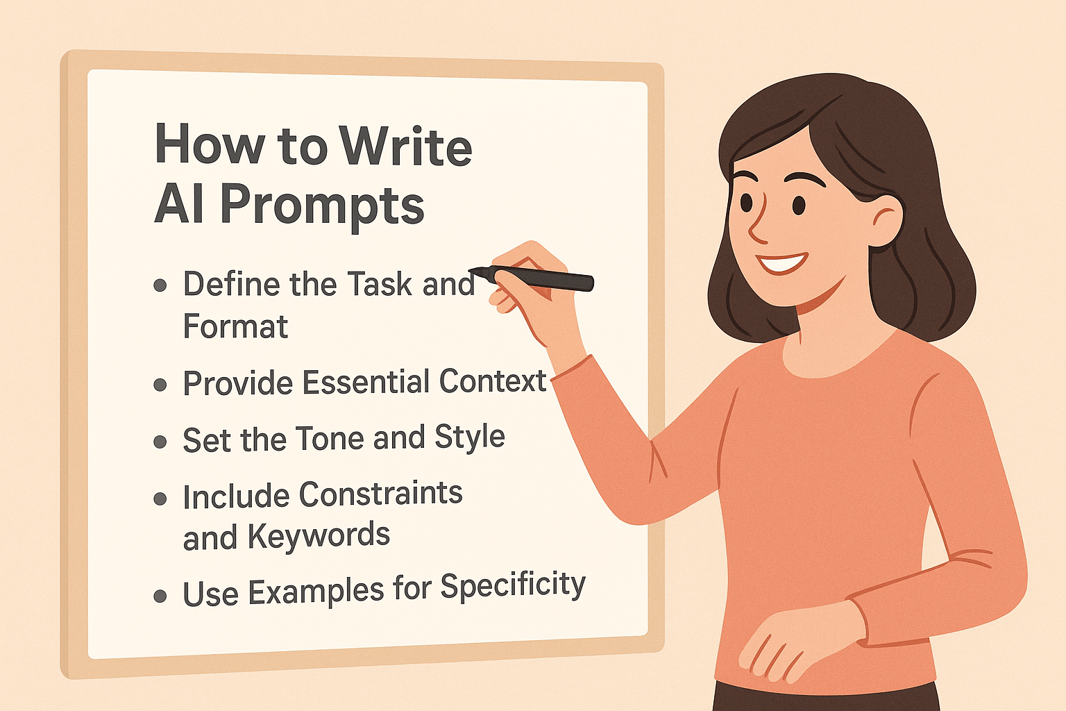 Female figure writing on a board labeled "How to Write AI Prompts" with tips such as defining the task, setting tone, using constraints, and including examples.