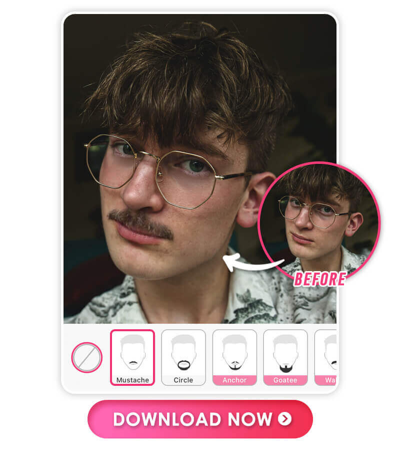 Homem com filtro de bigode aplicado usando o app YouCam Makeup, um simulador de bigode.
