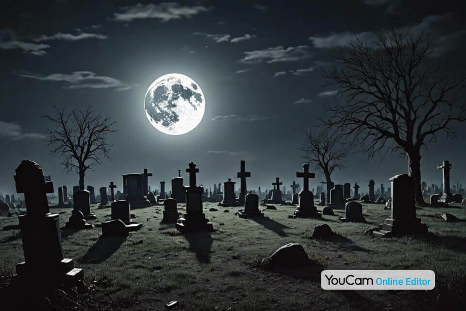 Verlassener Friedhof bei Vollmond