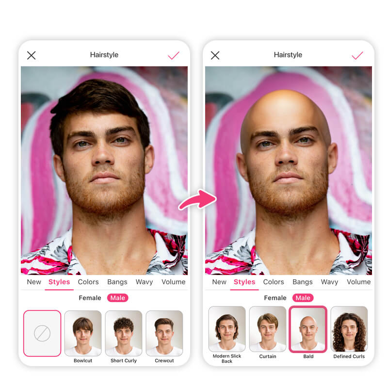 Vorher-Nachher-Bild eines Mannes mit vollem Haar und Glatze in YouCam Makeup.