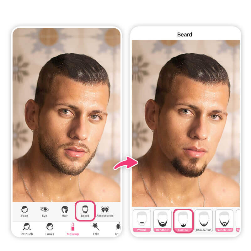 Homem usando filtro de cavanhaque no YouCam Makeup, um app para simular barba e cavanhaque.