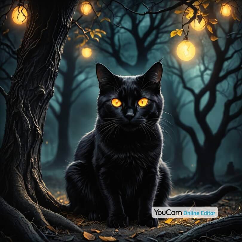 Geisterhafte schwarze Katze mit leuchtenden Augen, die unter einem Baum sitzt