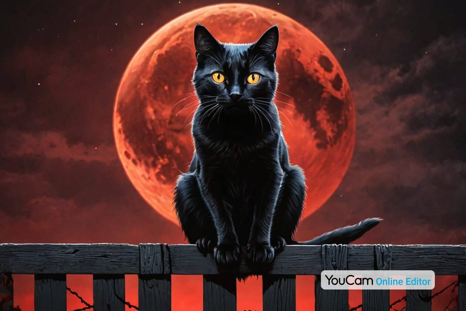 Schwarze Katze, die unter einem blutroten Mond auf einem Zaun sitzt