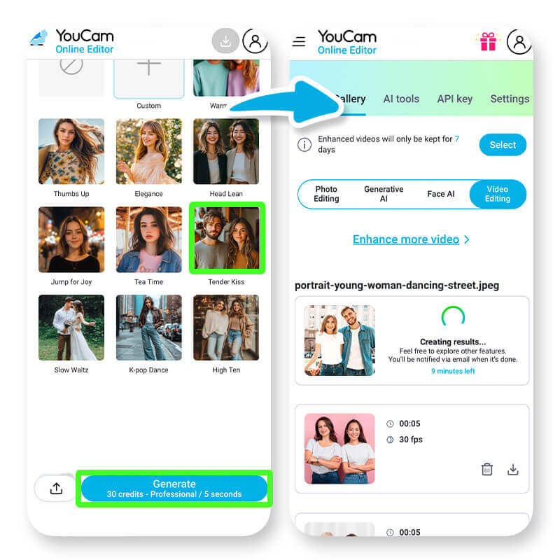 Selecting the 'Tender Kiss' filter within the YouCam tool to animate the photo.