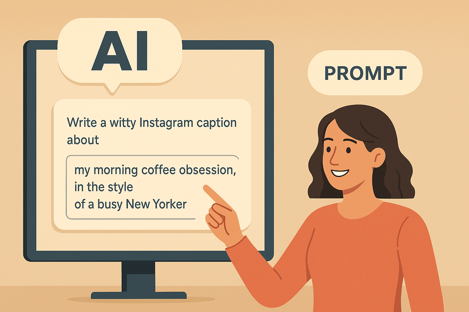Cartoon woman pointing at a screen showing an AI prompt example: “Write a witty Instagram caption about my morning coffee obsession in the style of a busy New Yorker.”