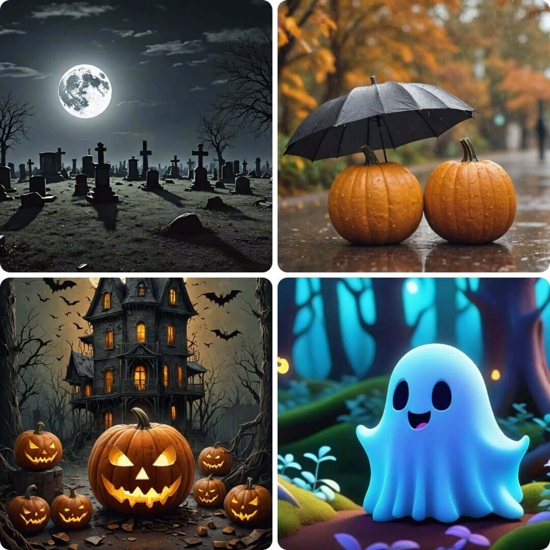 Verschiedene Halloween-Wallpaper und Hintergrund-Designs mit Friedhof, Kürbissen und Geistern.